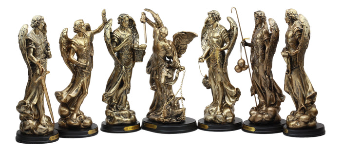 Ebros Archangel Statue 8" Tall With Brass Name Plate Wooden Base (Set Of 7)