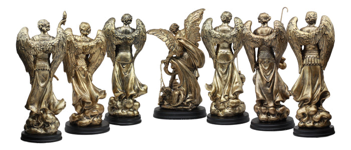 Ebros Archangel Statue 8" Tall With Brass Name Plate Wooden Base (Set Of 7)