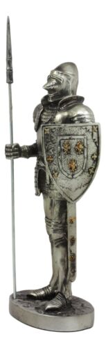 Ebros Armored Guard Halberdier Knight With Pole Spear And Shield Statue Electroplated Silver Resin Suit Of Armor Pikeman Medieval Renaissance Decor Figurine
