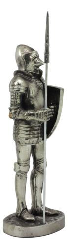 Ebros Armored Guard Halberdier Knight With Pole Spear And Shield Statue Electroplated Silver Resin Suit Of Armor Pikeman Medieval Renaissance Decor Figurine