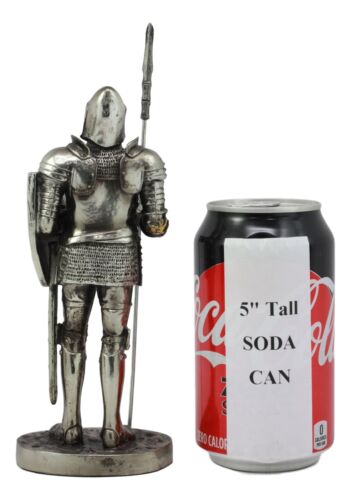 Ebros Armored Guard Halberdier Knight With Pole Spear And Shield Statue Electroplated Silver Resin Suit Of Armor Pikeman Medieval Renaissance Decor Figurine