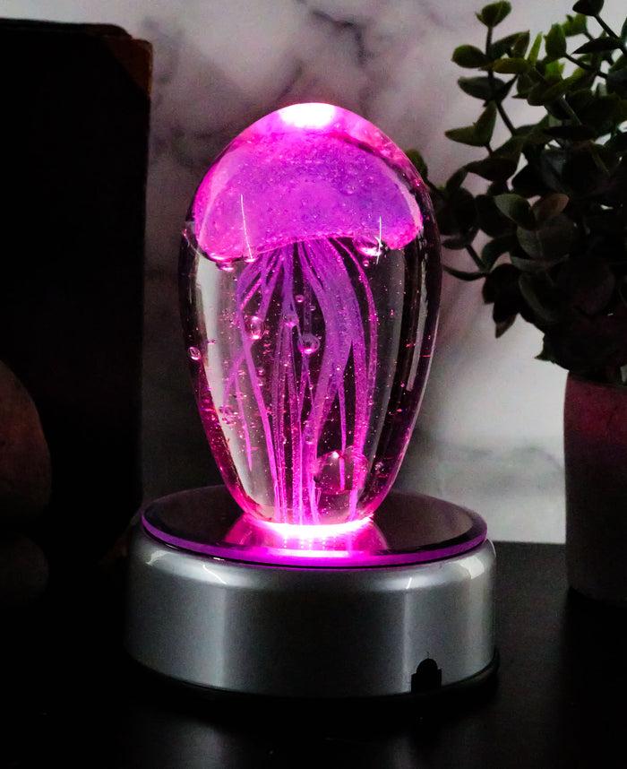 Ebros Art Glass Glow In The Dark Translucent Jellyfish & LED Base (Light Blue)