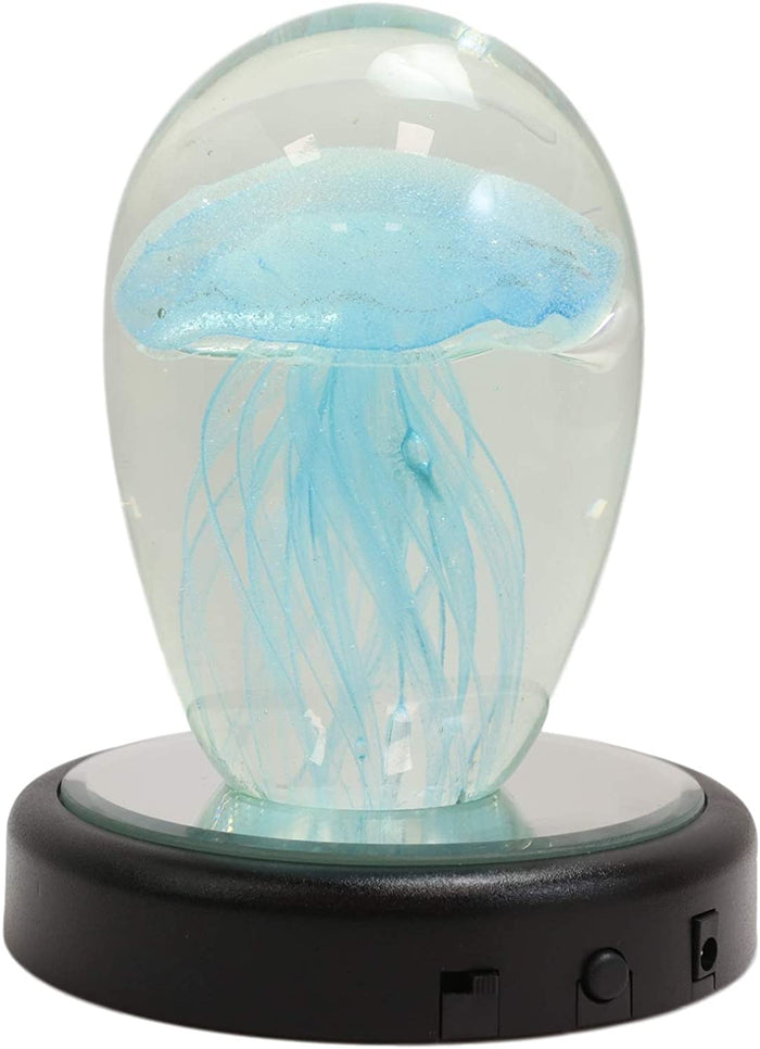 Ebros Art Glass Glow In The Dark Translucent Jellyfish & LED Base (Light Blue)