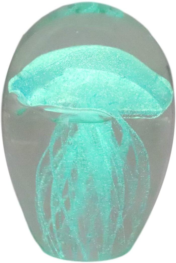 Ebros Art Glass Glow In The Dark Translucent Jellyfish & LED Base (Light Blue)