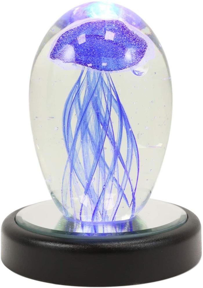 Ebros Art Glass Glow In The Dark Translucent Jellyfish & LED Base (Dark Blue)