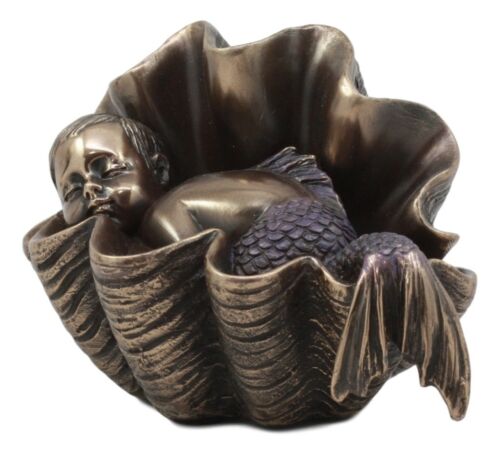 Ebros Atlantis Prince Baby Merboy Sleeping In Giant Oyster Shell Statue 4.25" L Art Nouveau Nautical Mermaid Decorative Figurine