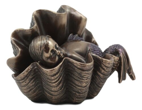 Ebros Atlantis Prince Baby Merboy Sleeping In Giant Oyster Shell Statue 4.25" L Art Nouveau Nautical Mermaid Decorative Figurine
