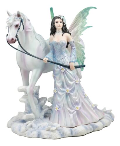 Ebros Aurora Borealis Winter Fairy With Sacred White Horse Statue 10" Long By Nene Thomas Decorative Mythical Fantasy Figurine Collectible
