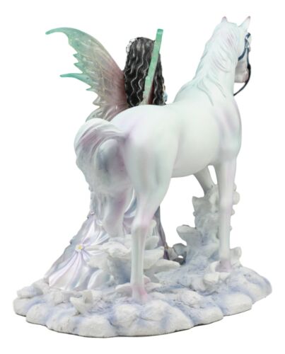 Ebros Aurora Borealis Winter Fairy With Sacred White Horse Statue 10" Long By Nene Thomas Decorative Mythical Fantasy Figurine Collectible
