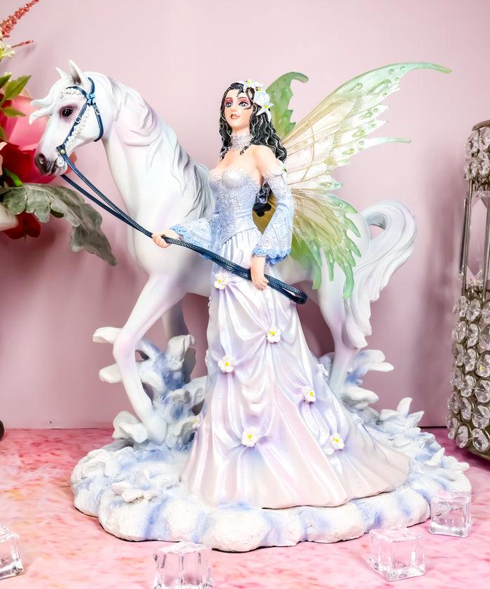 Ebros Aurora Borealis Winter Fairy with Sacred White Horse Statue 10" Long by Nene Thomas Decorative Mythical Fantasy Figurine Collectible