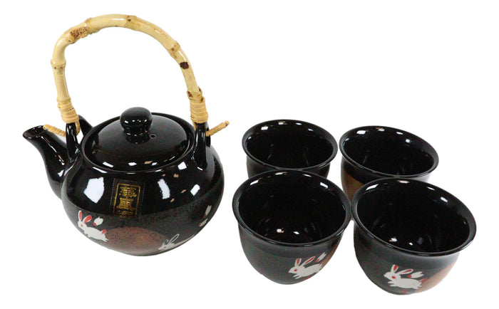 Ebros Auspicious Hare Rabbits Jumping Over Red Moon Ceramic Tea Set Teapot And 4 Cups