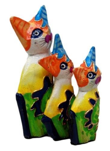 Ebros Balinese Wood Handicrafts Bright Colors Cat Family Set Of 3 Figurines