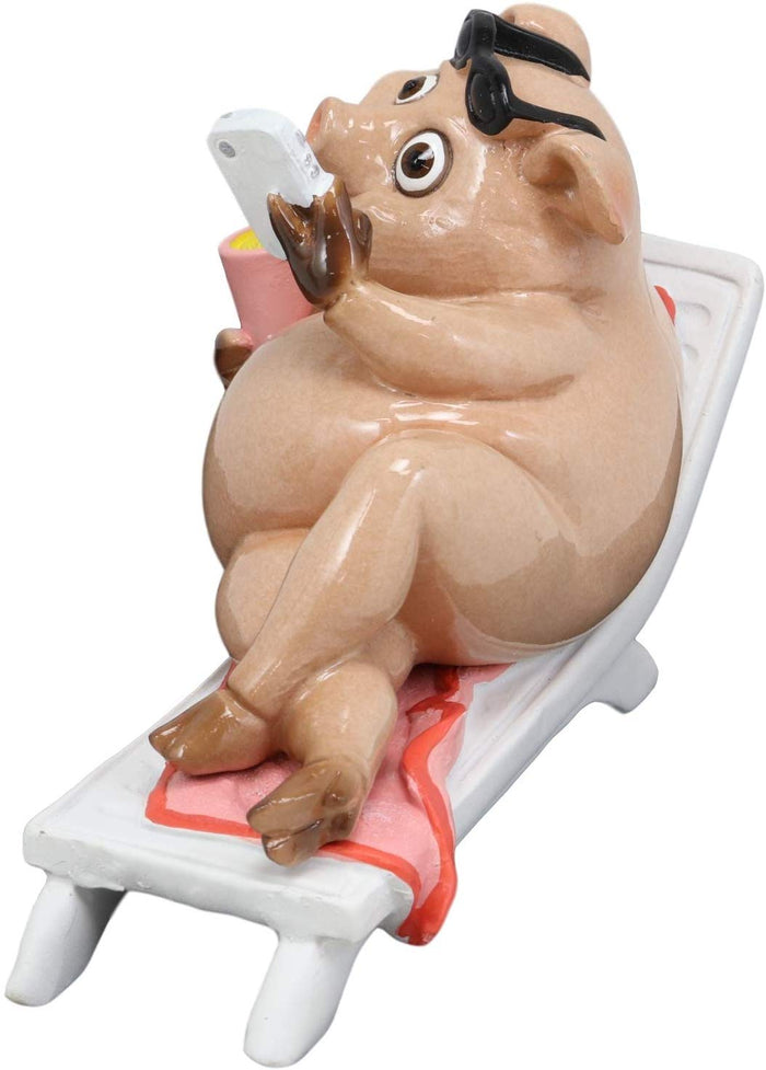 Ebros Beach Body Brody The Pig Sunbathing While Slurping Sundae And Reading Book Statue 7.25" Wide Home Decor Figurine For Bar Shelf Countertop Desktop Table Accessory Party Hosting Prop