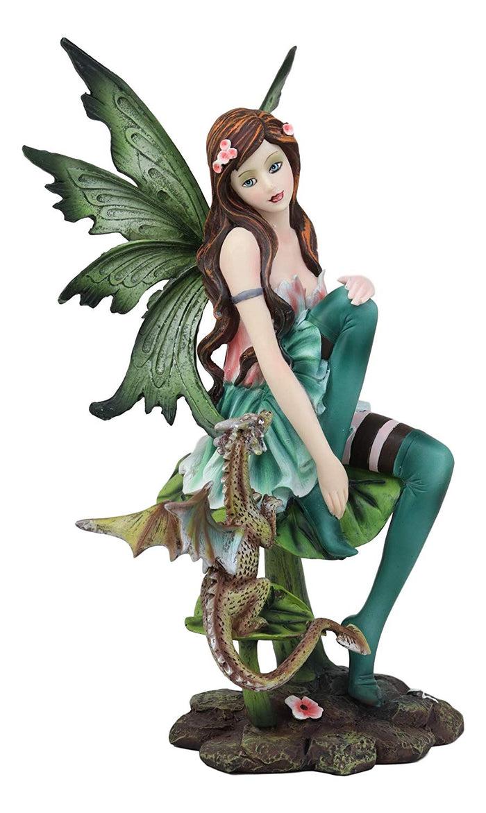 Ebros Beautiful Gaia Pixie Fairy With Green Wyrmling Dragon Statue 9.5"Tall Mythical Fantasy Fae Lady Of Summer Forest Magic Figurine Collectible Medieval Fairies Decor