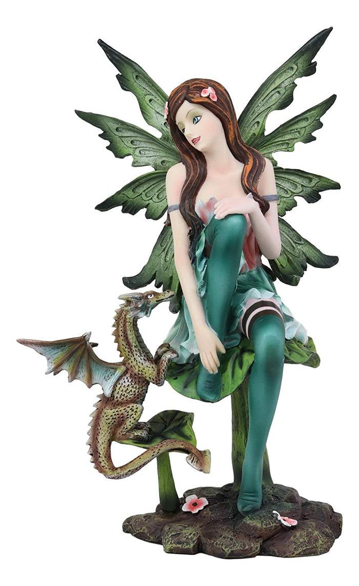 Ebros Beautiful Gaia Pixie Fairy With Green Wyrmling Dragon Statue 9.5"Tall Mythical Fantasy Fae Lady Of Summer Forest Magic Figurine Collectible Medieval Fairies Decor
