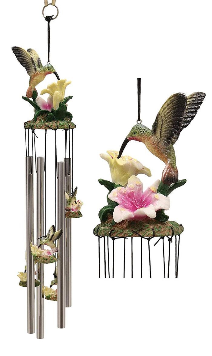 Ebros Beautiful Hummingbird With Nectarine Lily Flowers Wind Chime 21" Long Resin Crown With Aluminum Rods Wind Chime Home Patio Garden Decor Of Hummingbirds Wildlife Nature Scenery Noisemakers