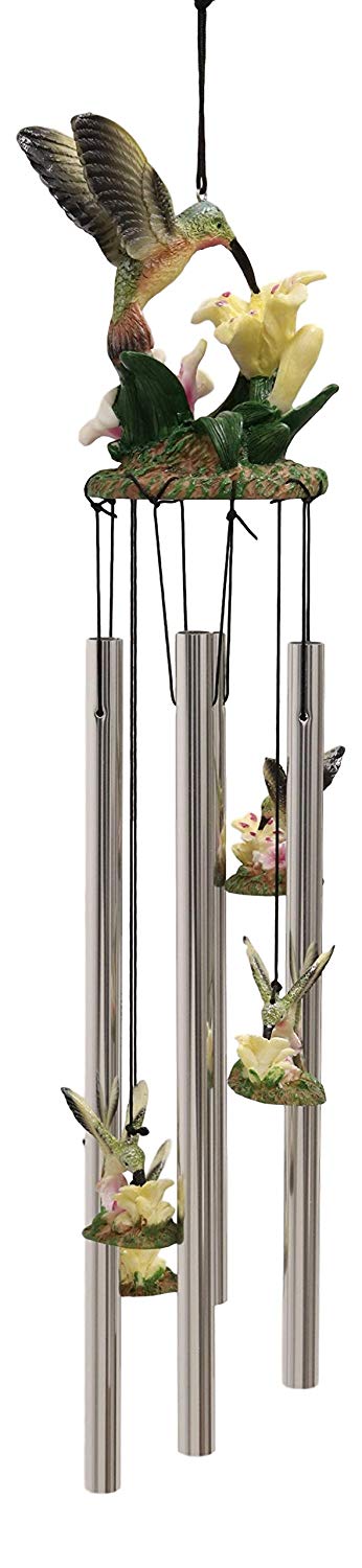 Ebros Beautiful Hummingbird With Nectarine Lily Flowers Wind Chime 21" Long Resin Crown With Aluminum Rods Wind Chime Home Patio Garden Decor Of Hummingbirds Wildlife Nature Scenery Noisemakers