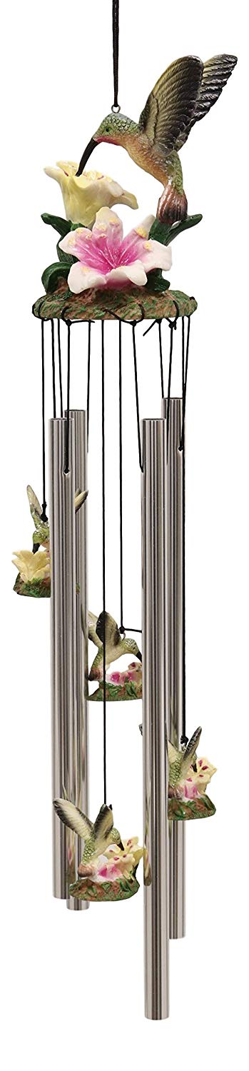 Ebros Beautiful Hummingbird With Nectarine Lily Flowers Wind Chime 21" Long Resin Crown With Aluminum Rods Wind Chime Home Patio Garden Decor Of Hummingbirds Wildlife Nature Scenery Noisemakers