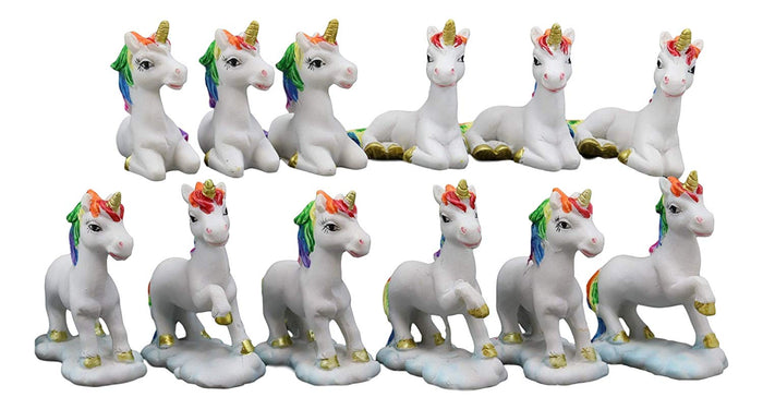 Ebros Beautiful Magical Rainbow Mane Unicorns 2" High Miniature Figurine Set Of 12 Mare Unicorn Horse With Golden Horns In 4 Different Poses Figurine Collectible Fairy Garden Decor