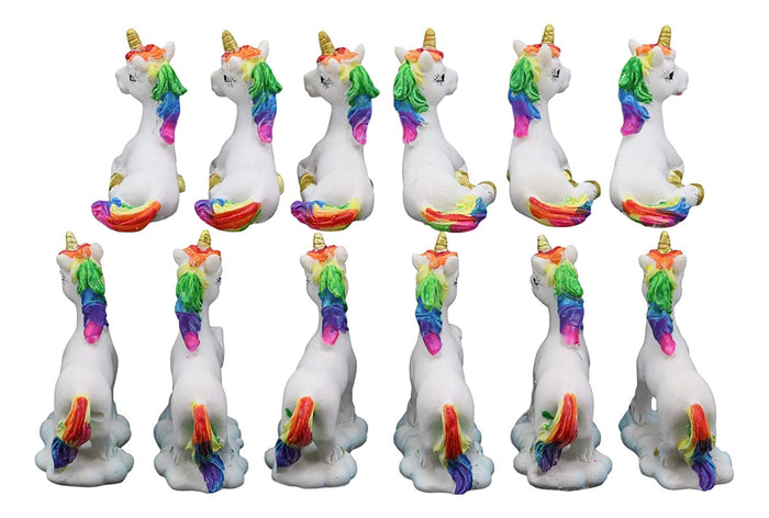 Ebros Beautiful Magical Rainbow Mane Unicorns 2" High Miniature Figurine Set Of 12 Mare Unicorn Horse With Golden Horns In 4 Different Poses Figurine Collectible Fairy Garden Decor