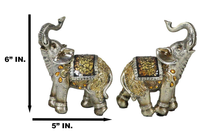 Ebros Bejeweled Mosaic Feng Shui Elephant With Trunk Up Statue 6"Tall Set Of 2
