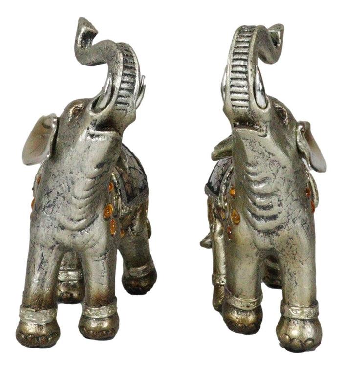 Ebros Bejeweled Mosaic Feng Shui Elephant With Trunk Up Statue 6"Tall Set Of 2