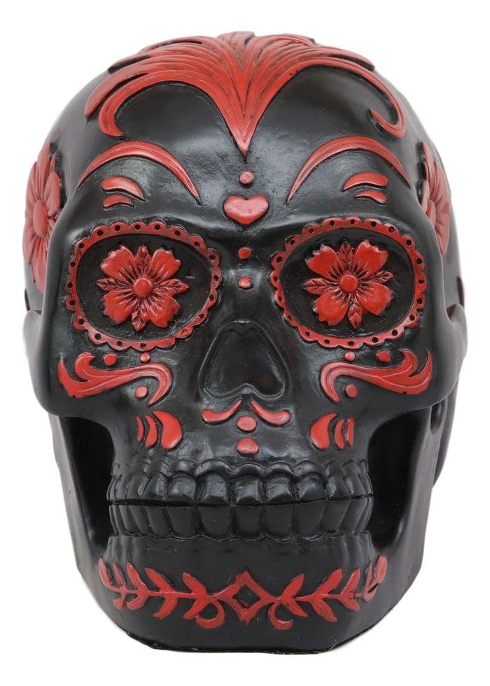 Ebros Black And Red Day Of The Dead Floral Rose Skull Figurine DOD Roses Rosa Sugar Skulls Statue 7.25" Long