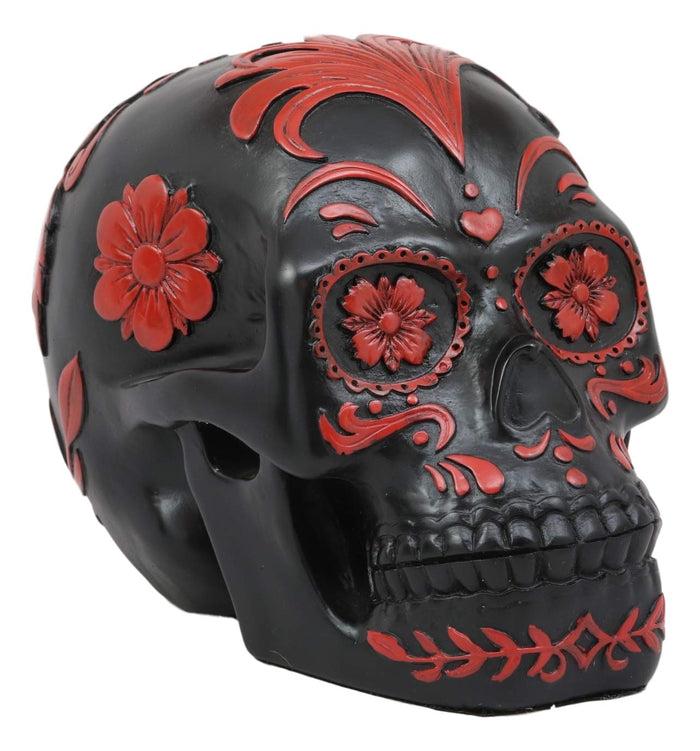Ebros Black And Red Day Of The Dead Floral Rose Skull Figurine DOD Roses Rosa Sugar Skulls Statue 7.25" Long