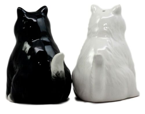 Ebros Black And White Cute Fluffy Cats Salt & Pepper Shakers Magnetic Set 3.25"H