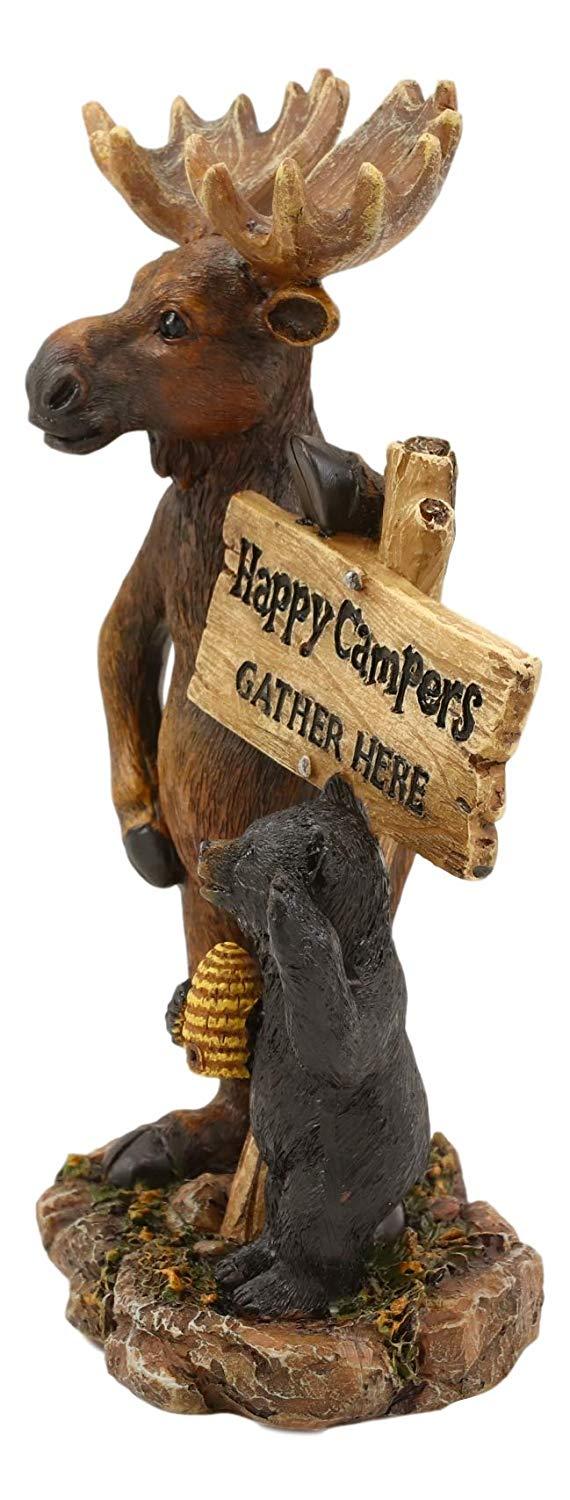 Ebros Black Bear And Elk Moose Standing By Happy Campers Sign Statue 7.25" H