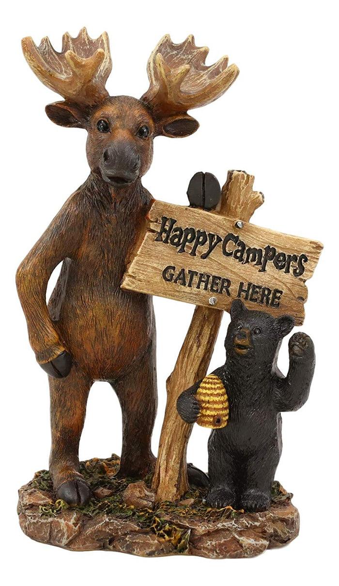 Ebros Black Bear And Elk Moose Standing By Happy Campers Sign Statue 7.25" H