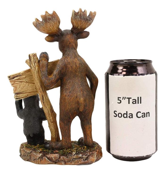 Ebros Black Bear And Elk Moose Standing By Happy Campers Sign Statue 7.25" H