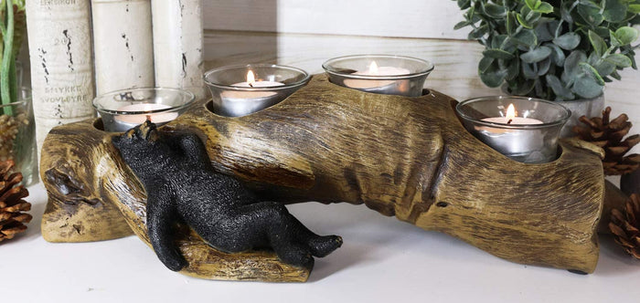 Ebros Black Bear Sleeping On A Log With 4 Votive Candles Holder Stand 12"L