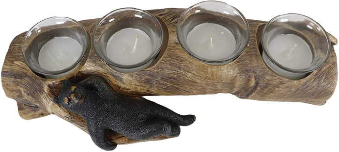 Ebros Black Bear Sleeping On A Log With 4 Votive Candles Holder Stand 12"L