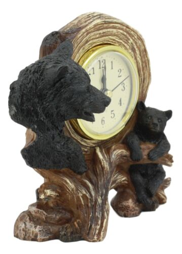 Ebros Black Bear Table Clock Mother Bear And Cub On Branch Desktop Clock Figurine 5.5" Tall