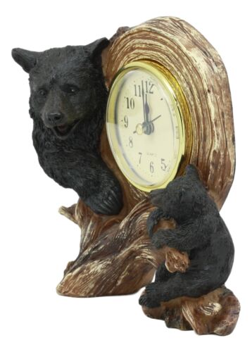 Ebros Black Bear Table Clock Mother Bear And Cub On Branch Desktop Clock Figurine 5.5" Tall