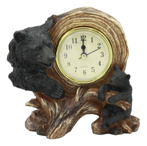 Ebros Black Bear Table Clock Mother Bear And Cub On Branch Desktop Clock Figurine 5.5" Tall