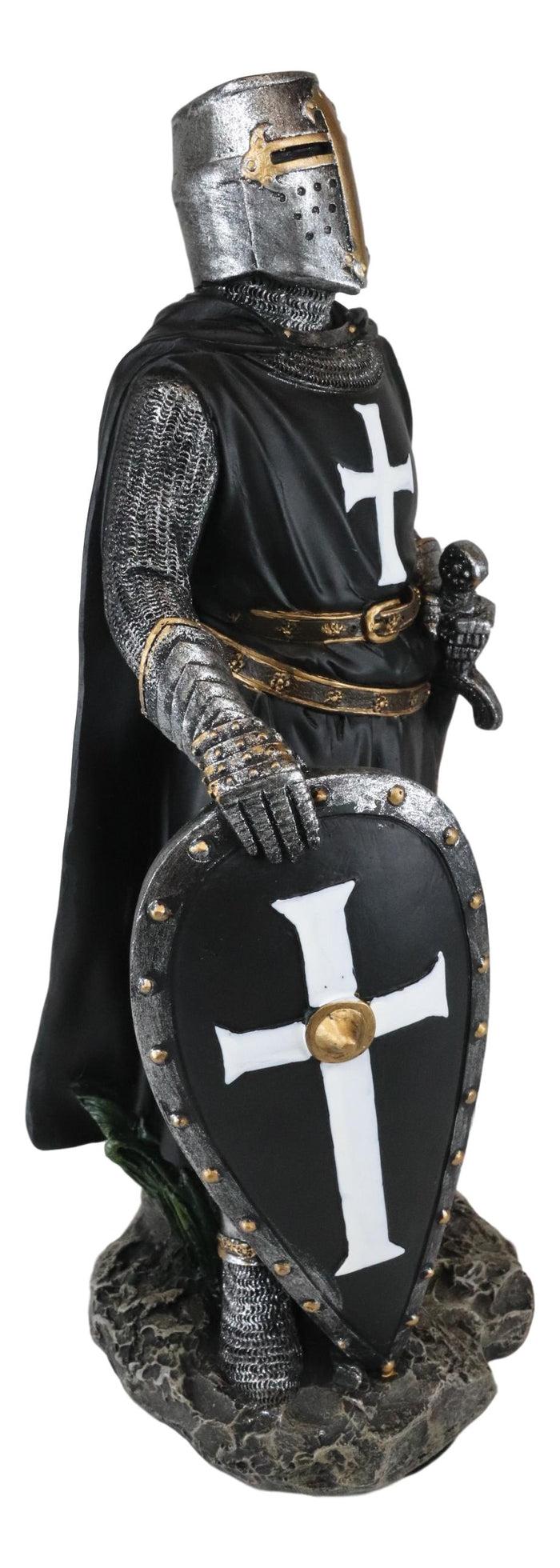 Ebros Black Cloaked Crusader Knight Of The Cross With Sword Shield Statue 11.5"H