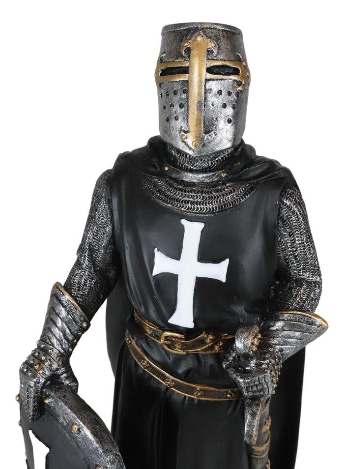 Ebros Black Cloaked Crusader Knight Of The Cross With Sword Shield Statue 11.5"H