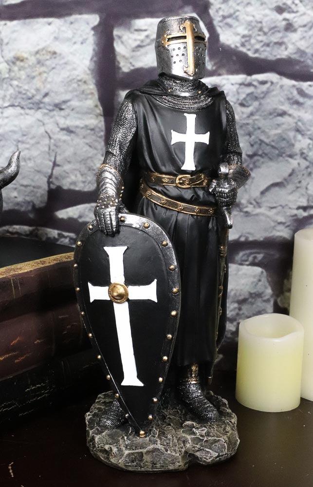 Ebros Black Cloaked Crusader Knight Of The Cross With Sword Shield Statue 11.5"H