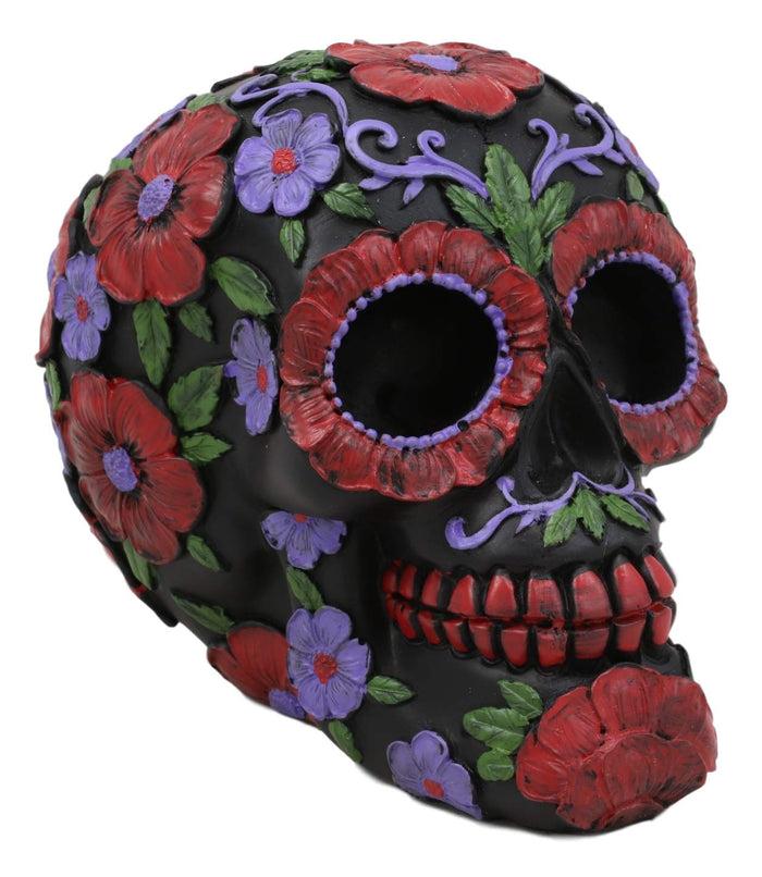 Ebros Black Day Of The Dead Floral Blooms Sugar Skull Figurine DOD Skulls 6" L