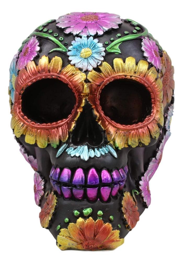 Ebros Black Day Of The Dead Floral Blooms Sugar Skull Figurine Skulls 6" Long