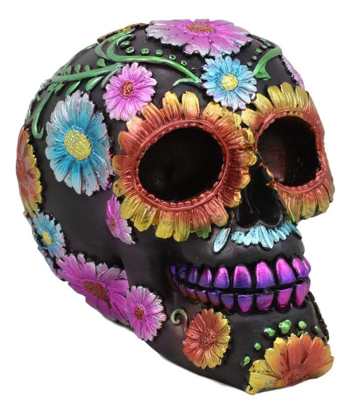 Ebros Black Day Of The Dead Floral Blooms Sugar Skull Figurine Skulls 6" Long