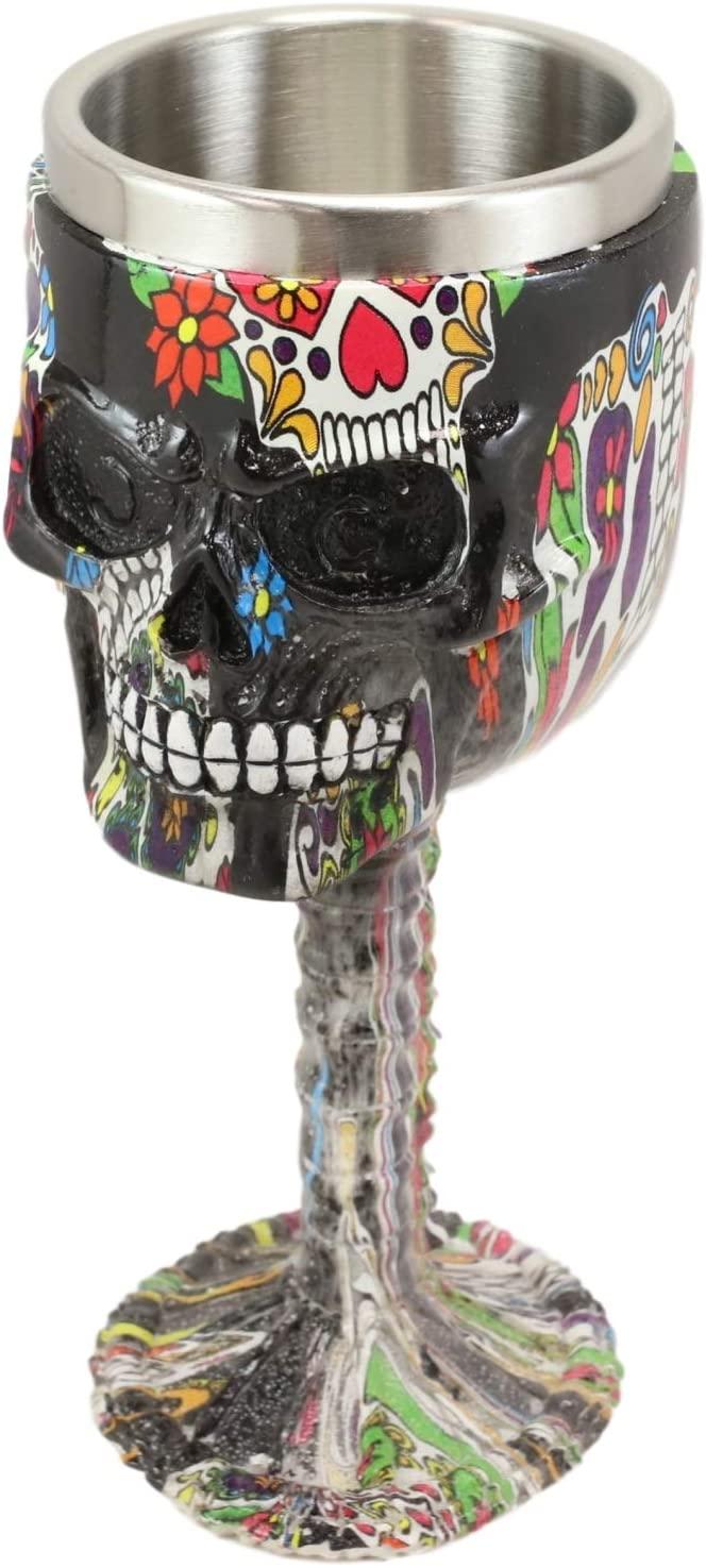 Ebros Black Floral Sugar Skull Wine Goblet Chalice Beverage Drinkware 7.25"H