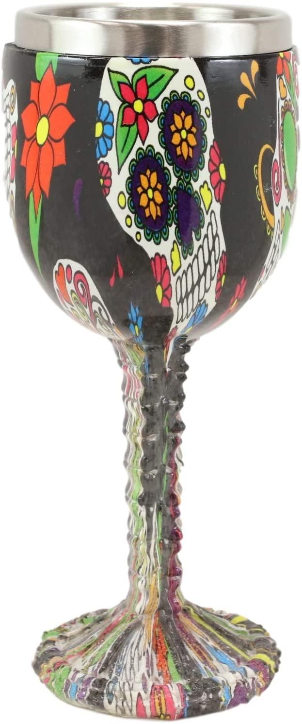 Ebros Black Floral Sugar Skull Wine Goblet Chalice Beverage Drinkware 7.25"H