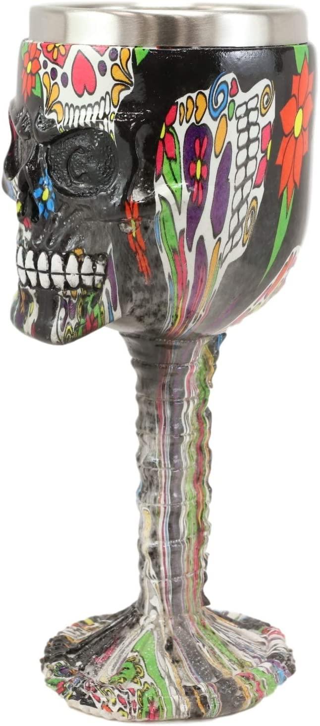 Ebros Black Floral Sugar Skull Wine Goblet Chalice Beverage Drinkware 7.25"H