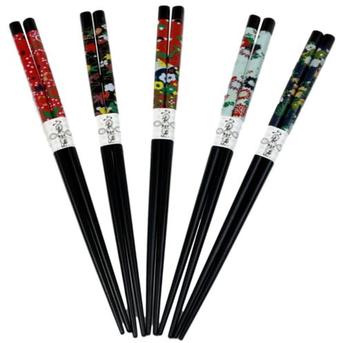 Ebros Black Lacquered Japanese Sakura & Floral Blossoms Set Of 5 Chopsticks Set Asian