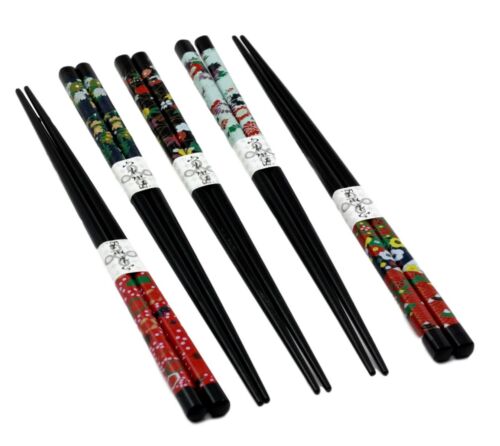 Ebros Black Lacquered Japanese Sakura & Floral Blossoms Set Of 5 Chopsticks Set Asian
