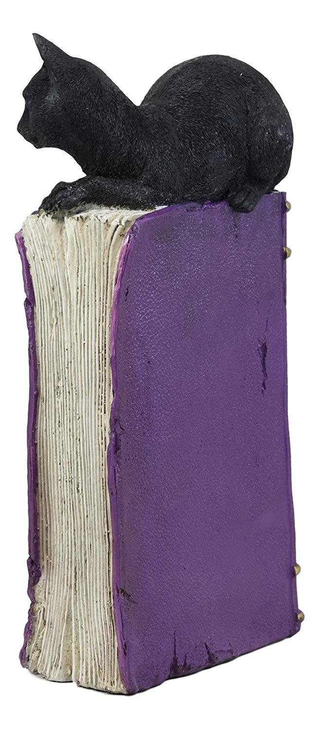 Ebros Black Mystical Cat Perching On Purple Book Of Spells With LED Lights