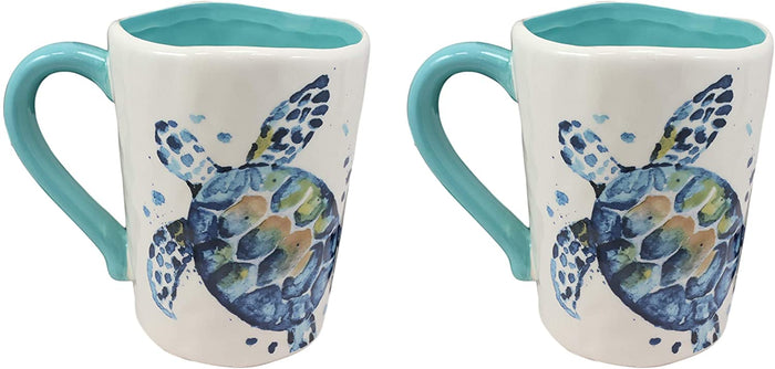 Ebros Blue And White Sea Turtle Ceramic Dinnerware (Drinking Cup Mug Set of 2)